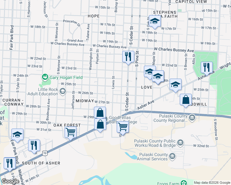 map of restaurants, bars, coffee shops, grocery stores, and more near 4118 West 26th Street in Little Rock