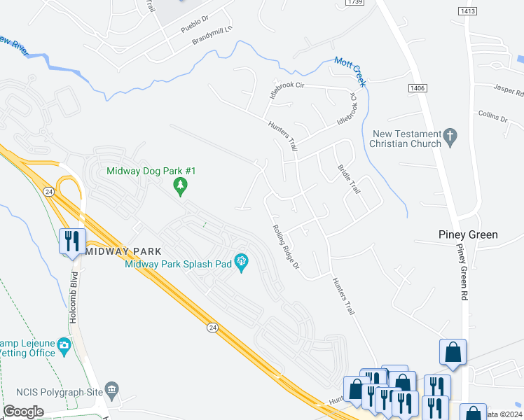 map of restaurants, bars, coffee shops, grocery stores, and more near 2127 Rolling Ridge Drive in Piney Green