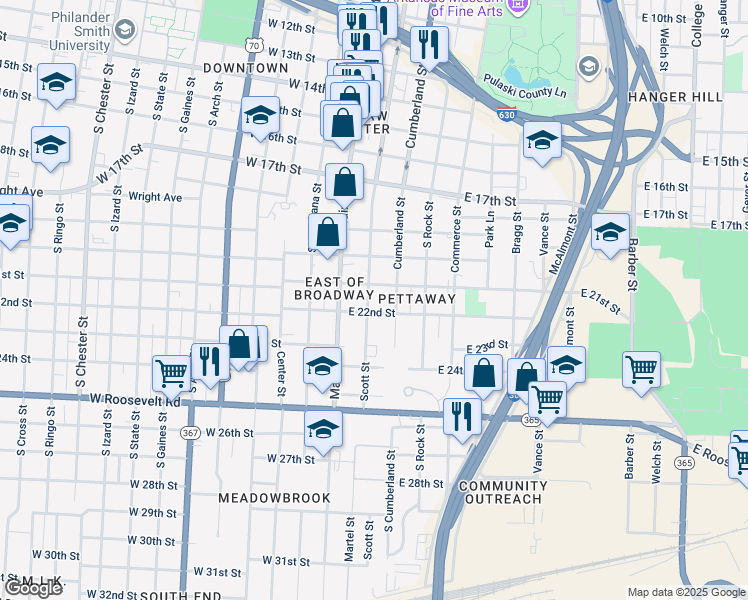 map of restaurants, bars, coffee shops, grocery stores, and more near 2115 Scott Street in Little Rock