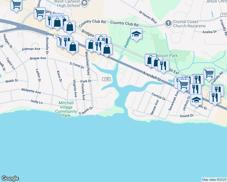 map of restaurants, bars, coffee shops, grocery stores, and more near 4702 San Juan Circle in Morehead City