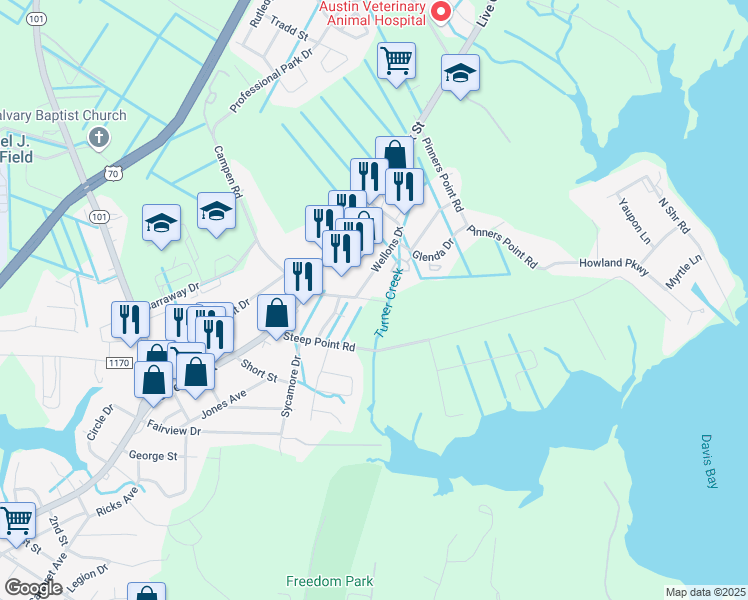 map of restaurants, bars, coffee shops, grocery stores, and more near 306 Campen Road in Beaufort