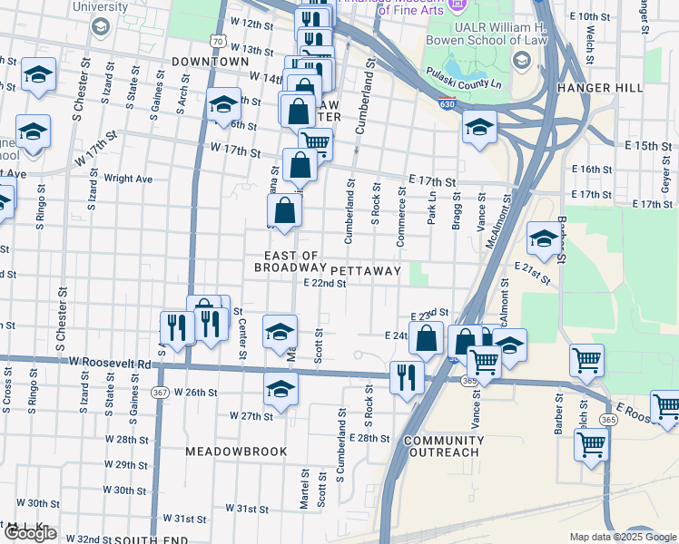 map of restaurants, bars, coffee shops, grocery stores, and more near in Little Rock