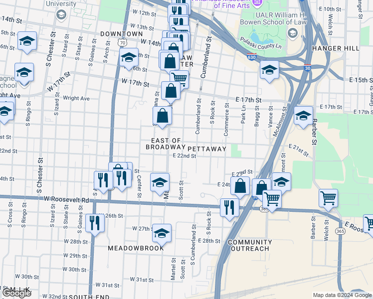 map of restaurants, bars, coffee shops, grocery stores, and more near 2119 Scott Street in Little Rock