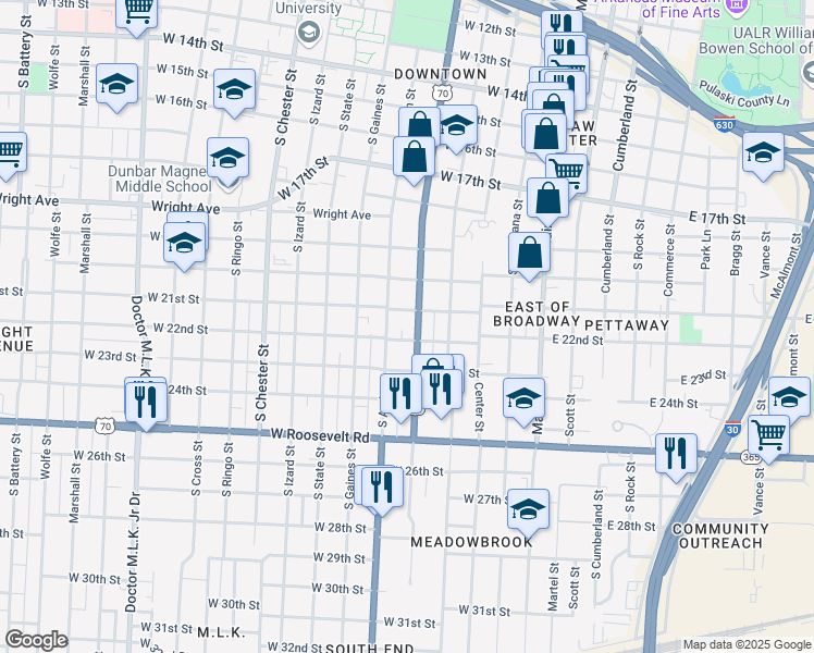 map of restaurants, bars, coffee shops, grocery stores, and more near 2115 Broadway Street in Little Rock