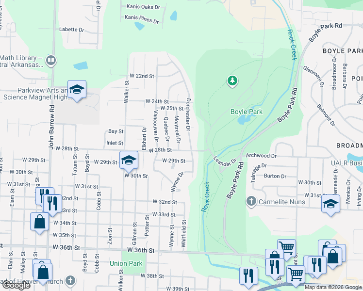 map of restaurants, bars, coffee shops, grocery stores, and more near 7702 West 28th Street in Little Rock