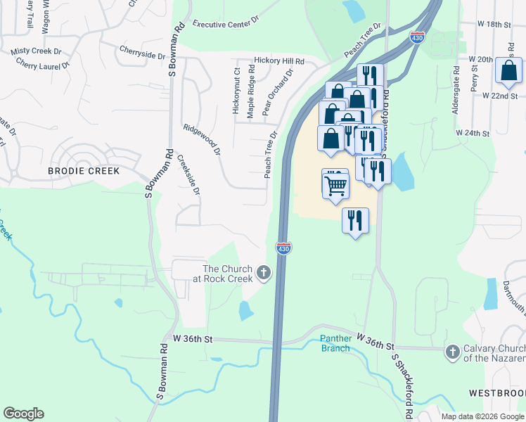 map of restaurants, bars, coffee shops, grocery stores, and more near 2919 Peach Tree Drive in Little Rock