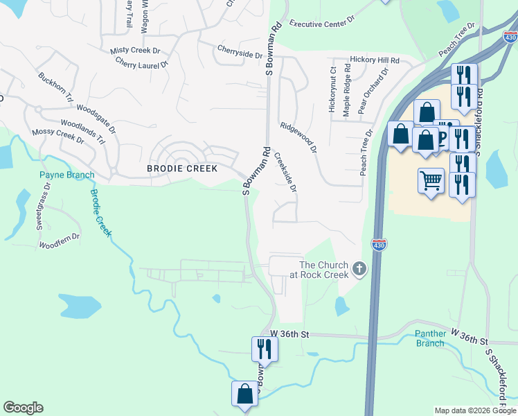 map of restaurants, bars, coffee shops, grocery stores, and more near 2625-2965 South Bowman Road in Little Rock
