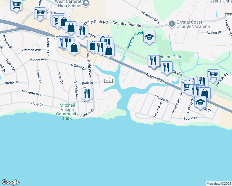 map of restaurants, bars, coffee shops, grocery stores, and more near 4702 San Juan Circle in Morehead City