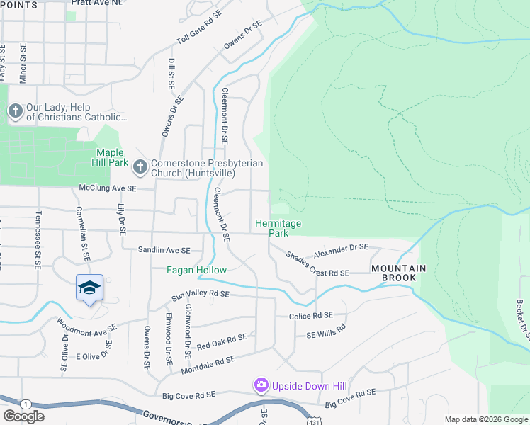 map of restaurants, bars, coffee shops, grocery stores, and more near 906 Kennamer Drive Southeast in Huntsville