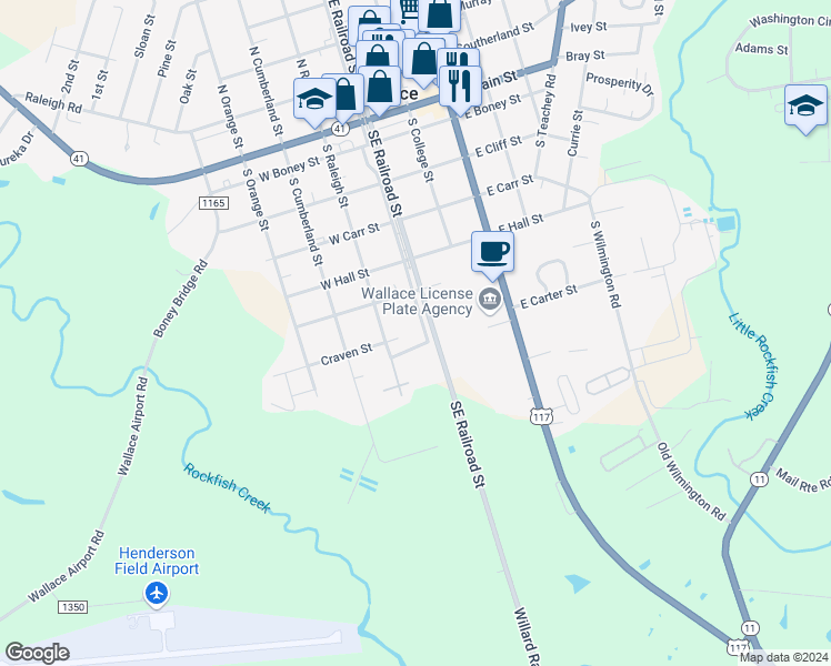 map of restaurants, bars, coffee shops, grocery stores, and more near 622 Southwest Railroad Street in Wallace