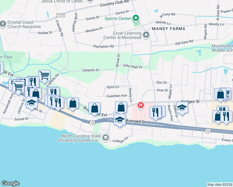 map of restaurants, bars, coffee shops, grocery stores, and more near 3804 Guardian Avenue in Morehead City