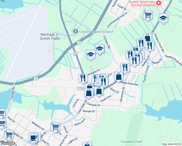 map of restaurants, bars, coffee shops, grocery stores, and more near 100 Carraway Drive in Beaufort