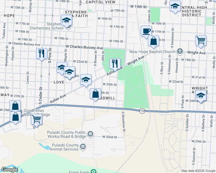 map of restaurants, bars, coffee shops, grocery stores, and more near 2504 Johnson Street in Little Rock