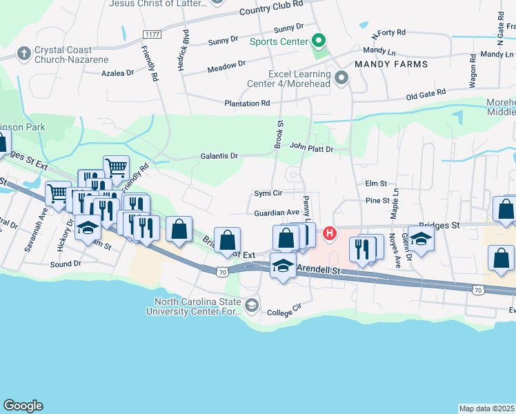 map of restaurants, bars, coffee shops, grocery stores, and more near 3808 Guardian Avenue in Morehead City