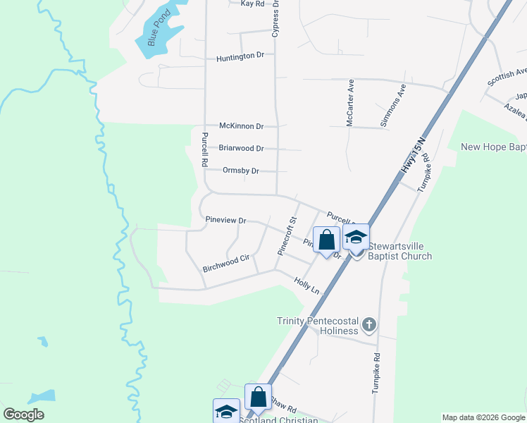 map of restaurants, bars, coffee shops, grocery stores, and more near 12741 Birchwood Circle in Laurinburg