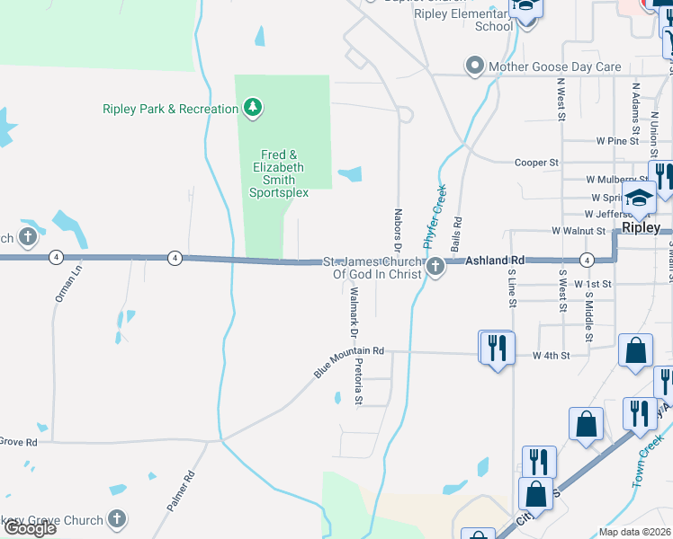 map of restaurants, bars, coffee shops, grocery stores, and more near 404 Walmark Dr in Ripley