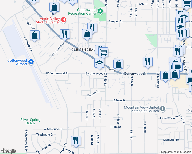 map of restaurants, bars, coffee shops, grocery stores, and more near 404 East Cottonwood Place in Cottonwood