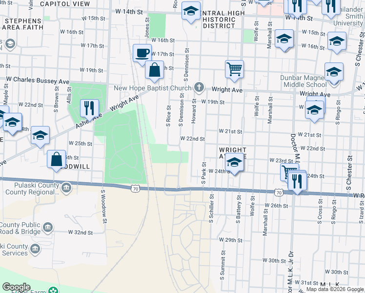 map of restaurants, bars, coffee shops, grocery stores, and more near 2211 South Dennison Street in Little Rock