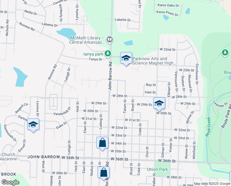 map of restaurants, bars, coffee shops, grocery stores, and more near 2723 Longcoy Street in Little Rock