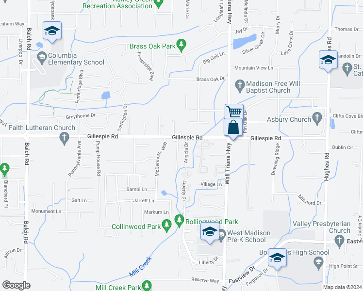 map of restaurants, bars, coffee shops, grocery stores, and more near 147 Angela Drive in Madison
