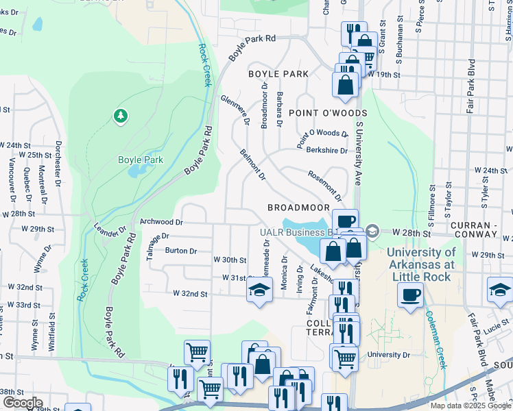 map of restaurants, bars, coffee shops, grocery stores, and more near 68 Lakeshore Drive in Little Rock