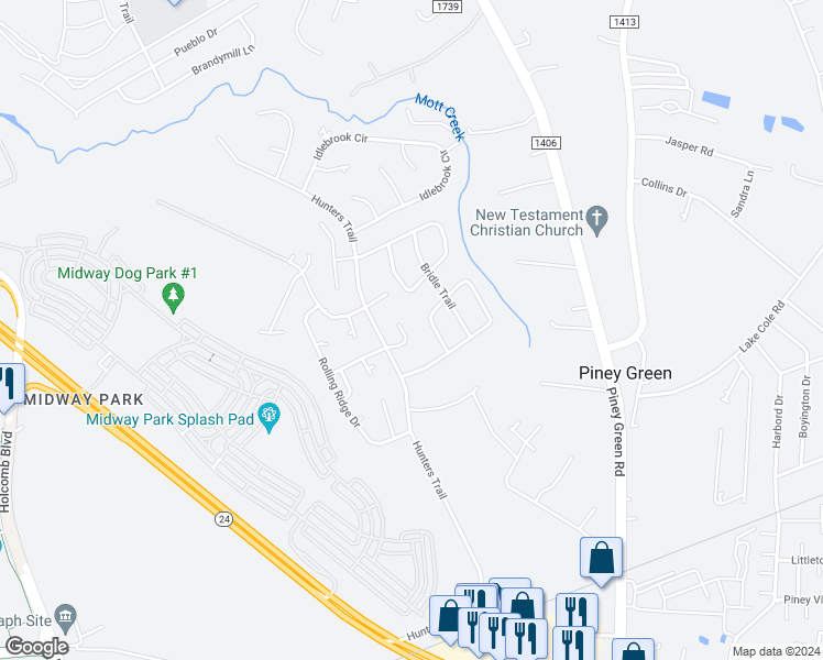map of restaurants, bars, coffee shops, grocery stores, and more near 2208 Timberbrook Lane in Piney Green