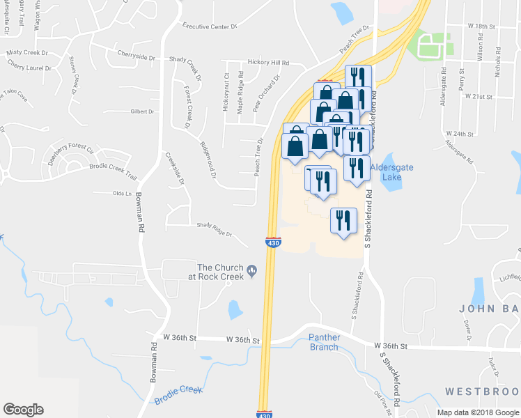 map of restaurants, bars, coffee shops, grocery stores, and more near 2919 Peach Tree Drive in Little Rock