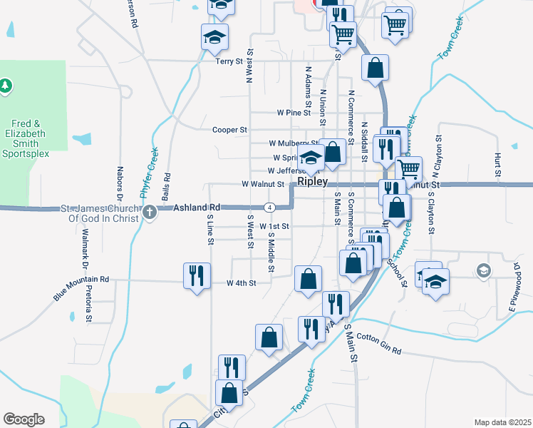 map of restaurants, bars, coffee shops, grocery stores, and more near 401-499 South Middle Street in Ripley