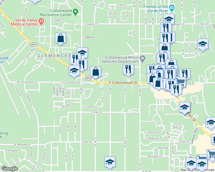 map of restaurants, bars, coffee shops, grocery stores, and more near 777 East State Route 89a in Cottonwood