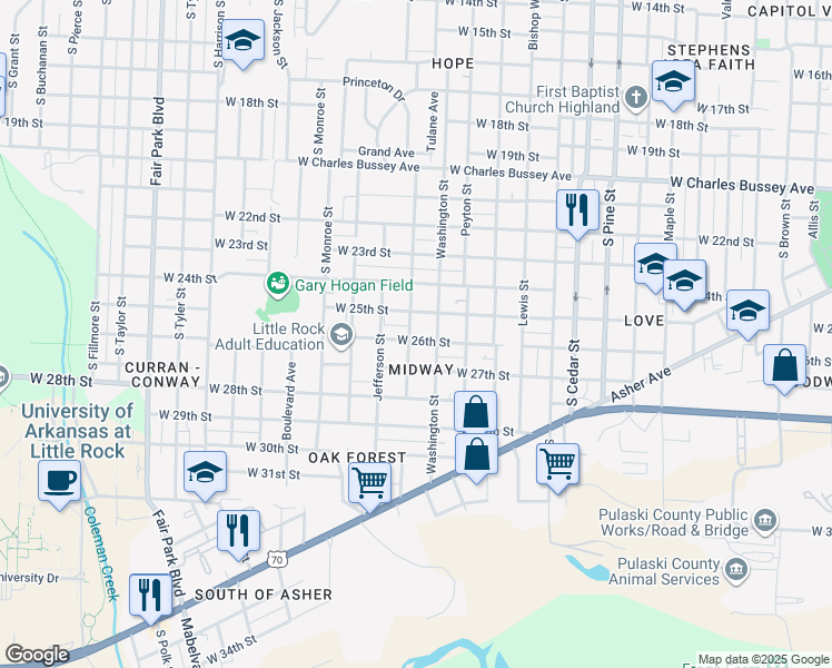 map of restaurants, bars, coffee shops, grocery stores, and more near 2600 Adams Street in Little Rock
