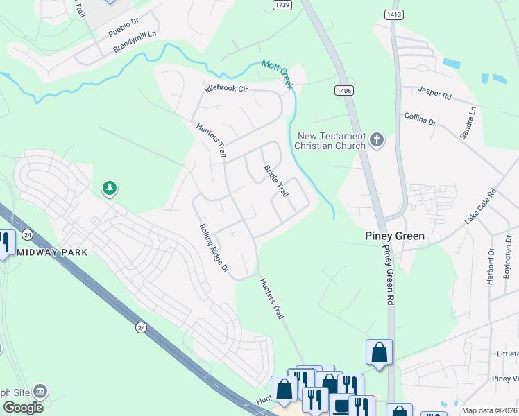 map of restaurants, bars, coffee shops, grocery stores, and more near 2066 Hunters Ridge Drive in Piney Green