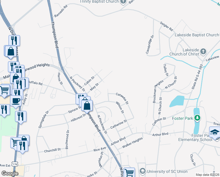 map of restaurants, bars, coffee shops, grocery stores, and more near 203 Catawba Street in Union