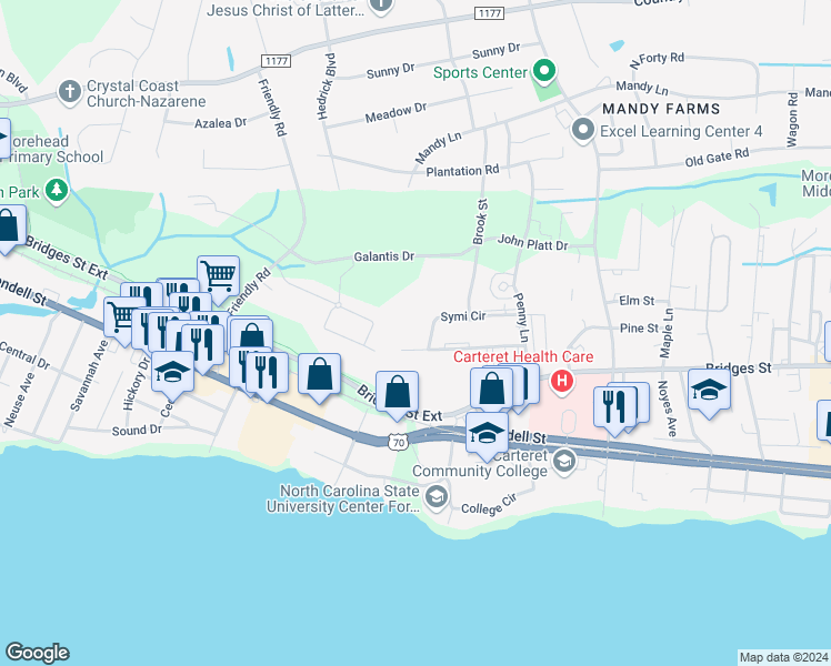 map of restaurants, bars, coffee shops, grocery stores, and more near 3904 Symi Circle in Morehead City
