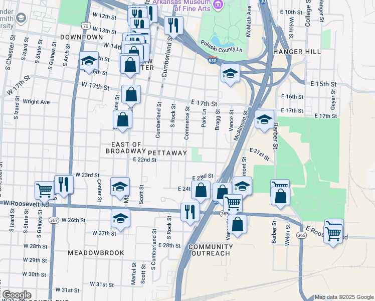 map of restaurants, bars, coffee shops, grocery stores, and more near 505 East 21st Street in Little Rock
