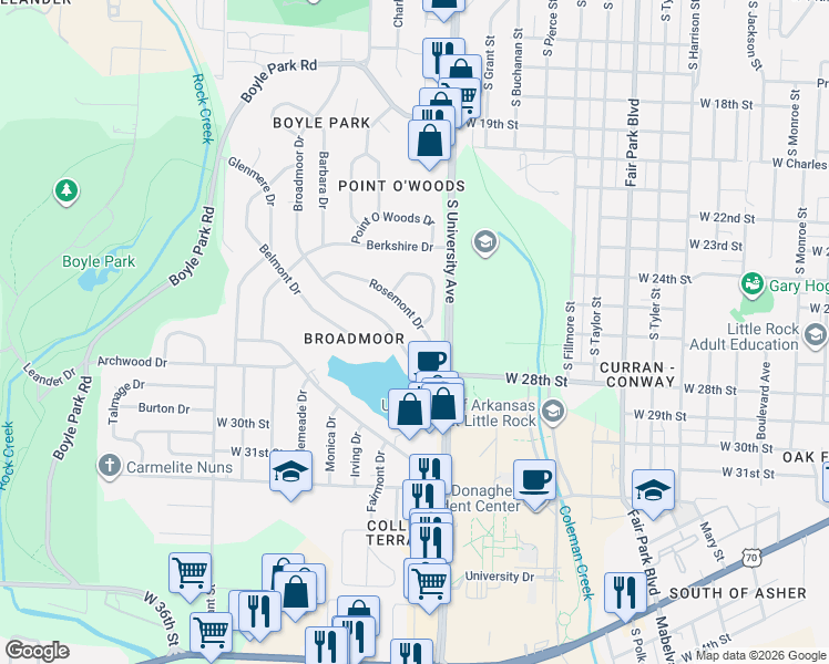 map of restaurants, bars, coffee shops, grocery stores, and more near 7 Rosemont Drive in Little Rock