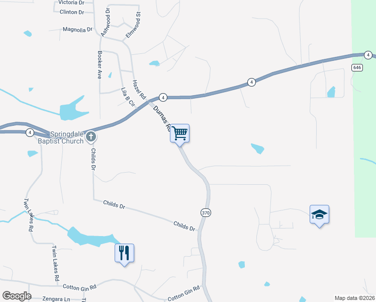 map of restaurants, bars, coffee shops, grocery stores, and more near 370 Dumas Road in Ripley