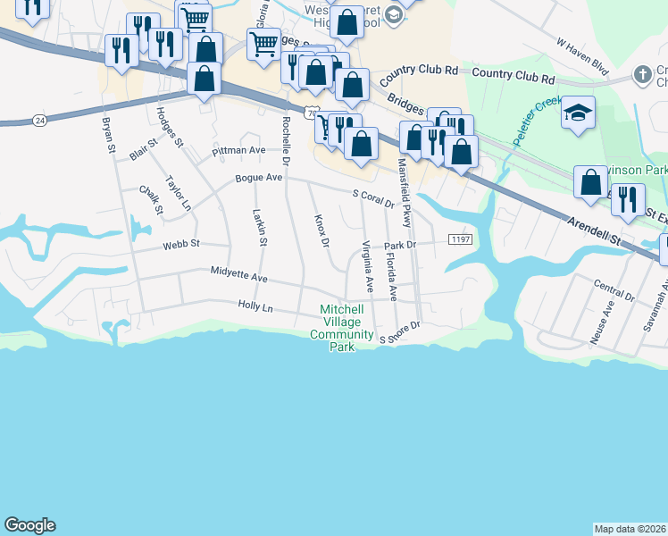 map of restaurants, bars, coffee shops, grocery stores, and more near 224 Knox Drive in Morehead City