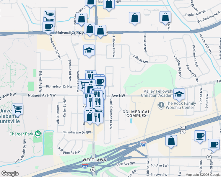 map of restaurants, bars, coffee shops, grocery stores, and more near 602 Galway Street Northwest in Huntsville