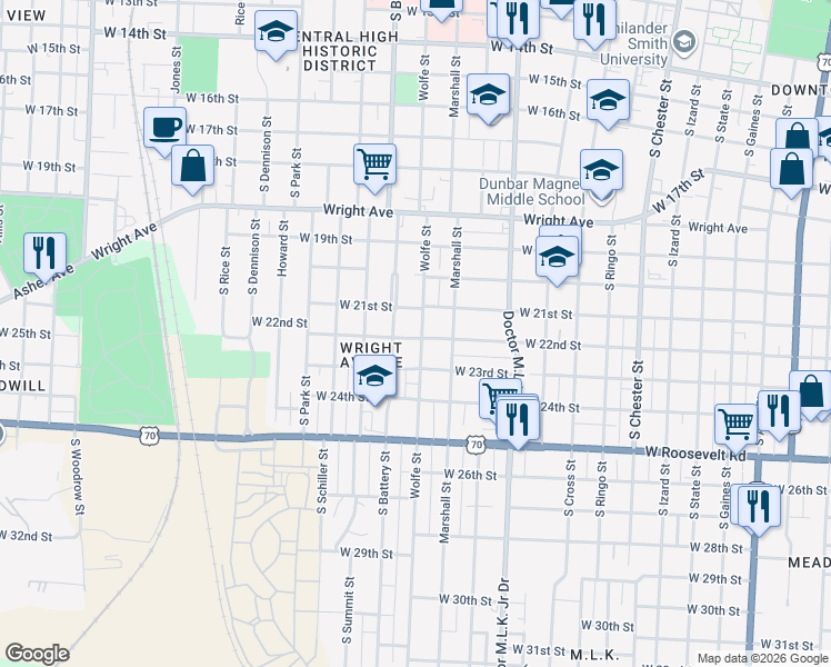 map of restaurants, bars, coffee shops, grocery stores, and more near 2200 Wolfe Street in Little Rock
