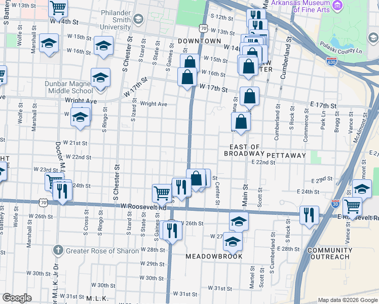 map of restaurants, bars, coffee shops, grocery stores, and more near 2123 S Broadway St in Little Rock