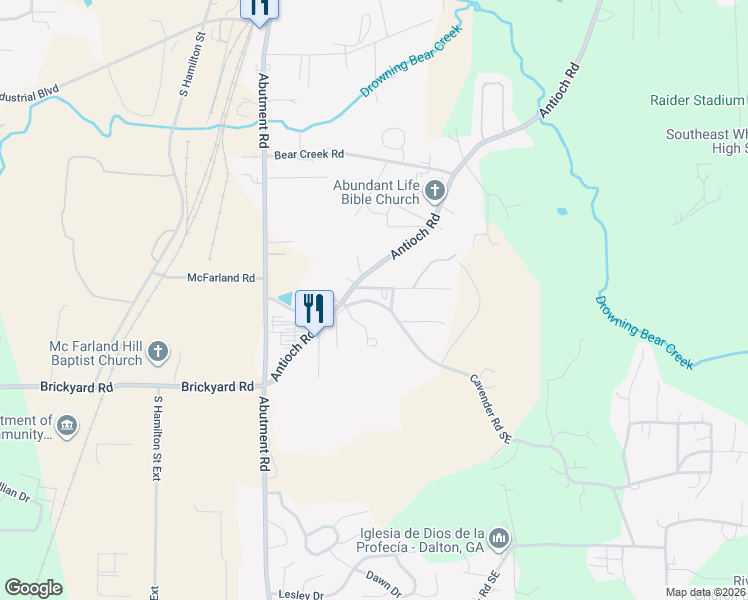 map of restaurants, bars, coffee shops, grocery stores, and more near 702 Cavender Road Southeast in Dalton