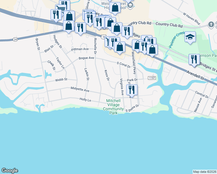 map of restaurants, bars, coffee shops, grocery stores, and more near 224 Knox Dr in Morehead City