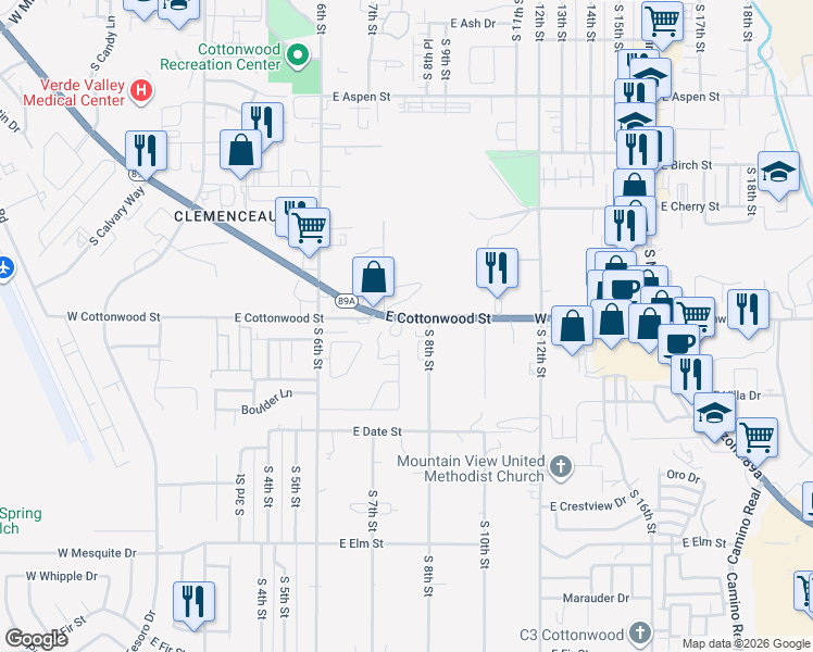 map of restaurants, bars, coffee shops, grocery stores, and more near 630 S 7th Pl in Cottonwood