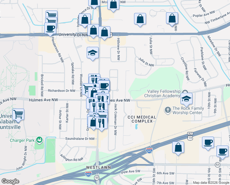 map of restaurants, bars, coffee shops, grocery stores, and more near 602 Galway Street Northwest in Huntsville
