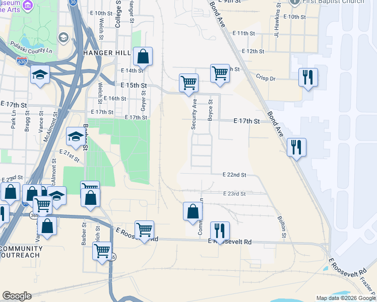 map of restaurants, bars, coffee shops, grocery stores, and more near 2000 Security Avenue in Little Rock