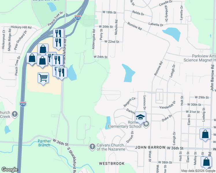 map of restaurants, bars, coffee shops, grocery stores, and more near 2701 Aldersgate Road in Little Rock