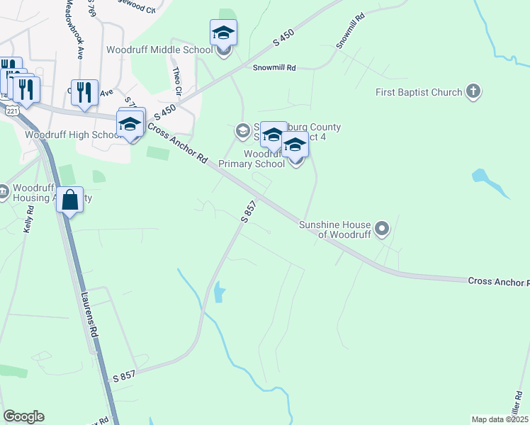 map of restaurants, bars, coffee shops, grocery stores, and more near 1026 Cross Anchor Road in Woodruff