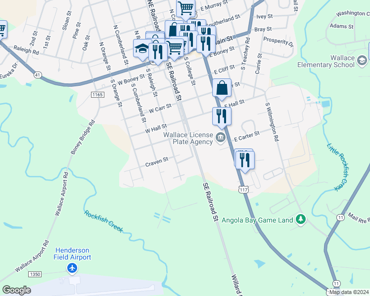 map of restaurants, bars, coffee shops, grocery stores, and more near 616 Southwest Railroad Street in Wallace