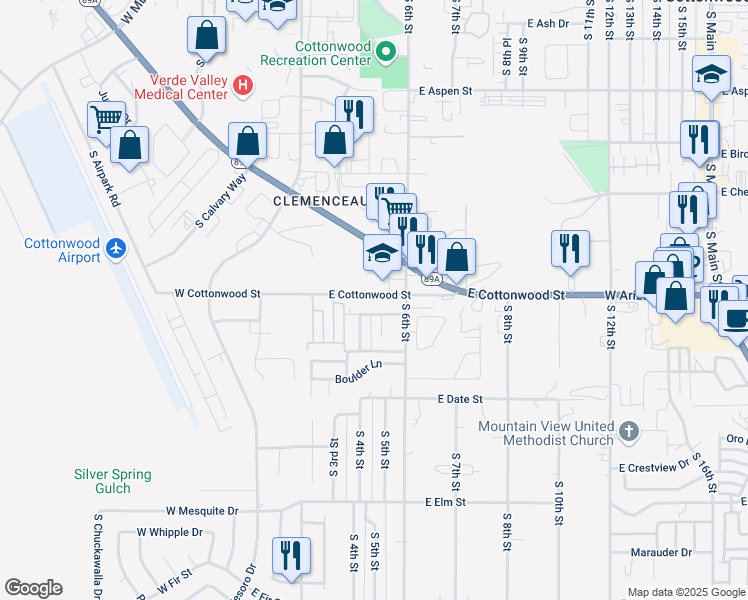 map of restaurants, bars, coffee shops, grocery stores, and more near 404 East Cottonwood Place in Cottonwood