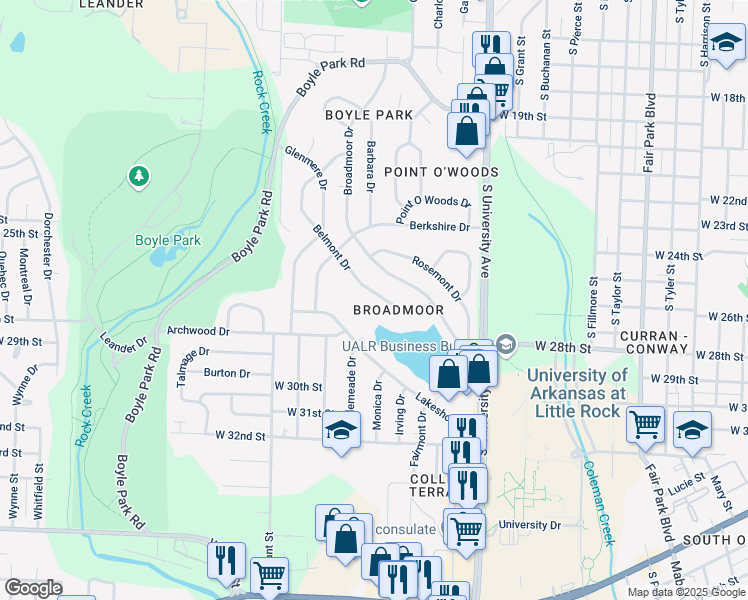 map of restaurants, bars, coffee shops, grocery stores, and more near 23 Belmont Drive in Little Rock